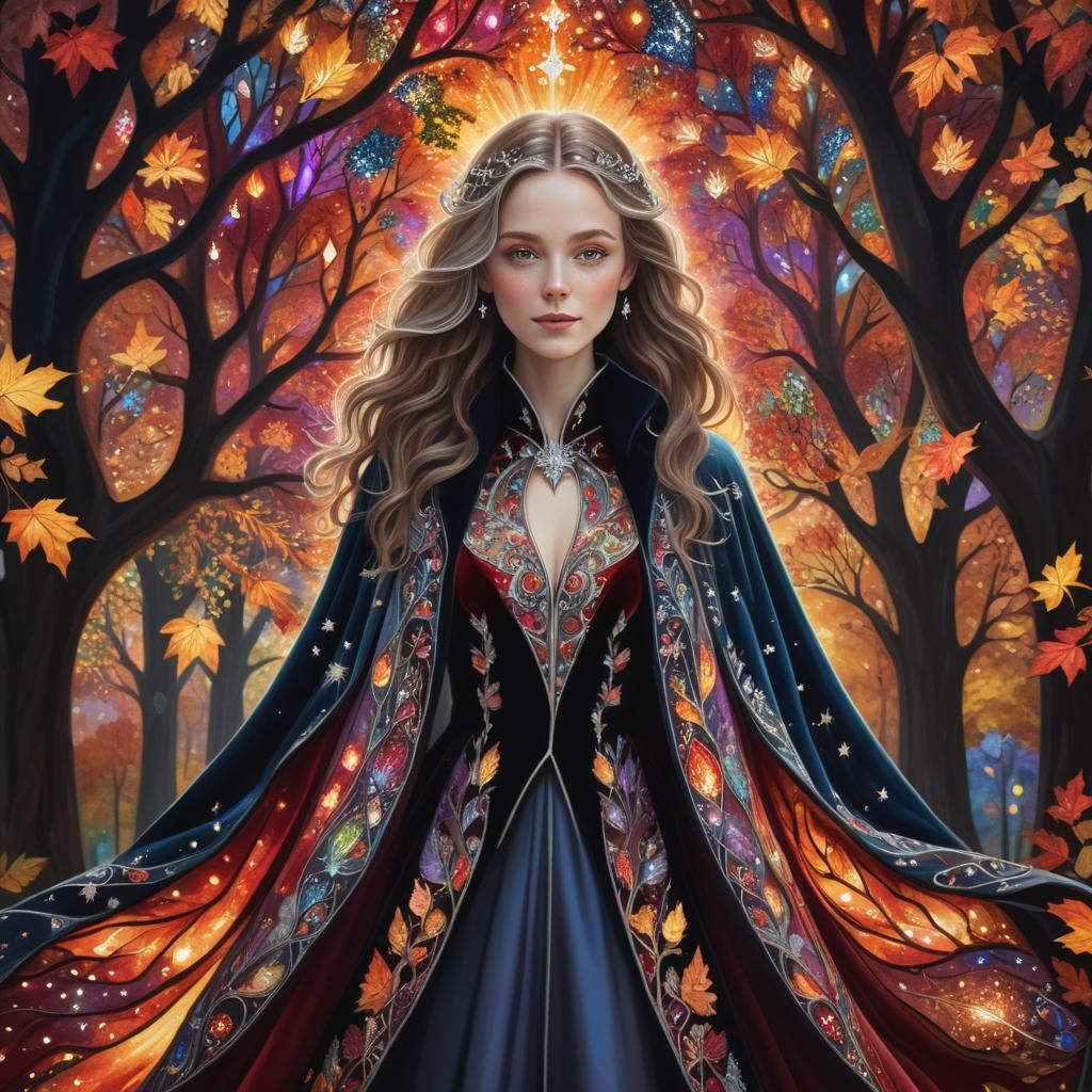 Woman in Autumn Landscape: Dreamlike Illustration