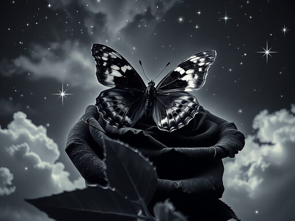 Monochrome Butterfly on Black Rose in Dramatic Lighting