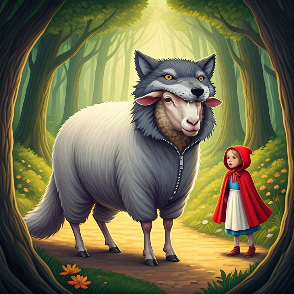 Sheep in Wolf Costume Approaches Little Red Riding Hood