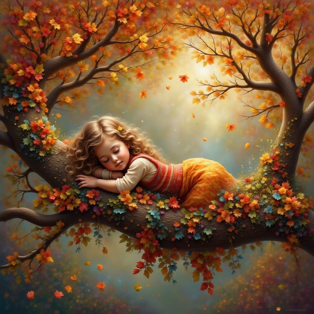 Whimsical Autumn Scene: Girl Sleeps on Branch with Twinkle L...