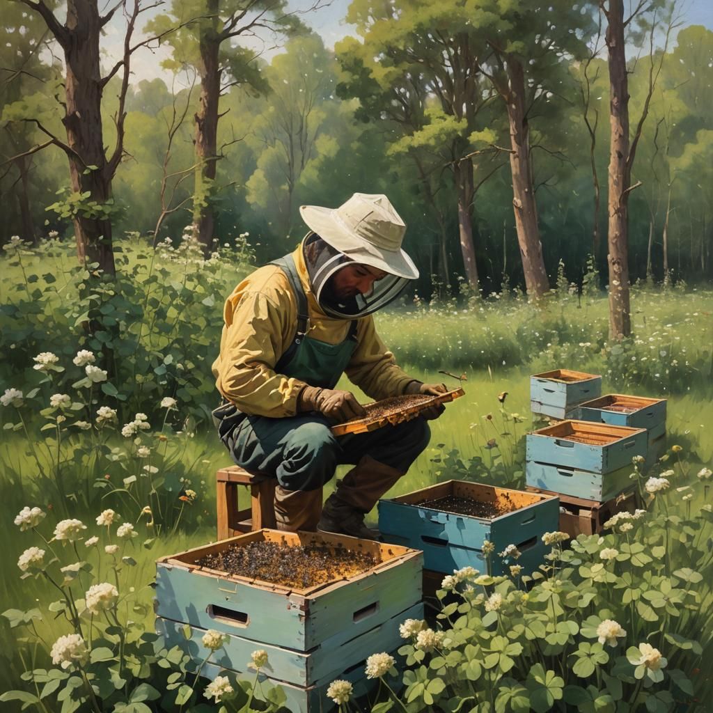 Man Working in Apiary Oil Painting