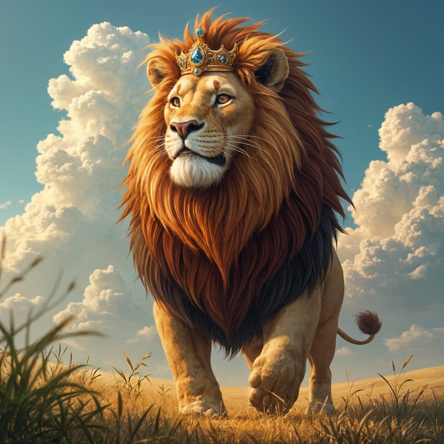Majestic Lion King Rules Verdant Savanna with Wisdom and Jus...