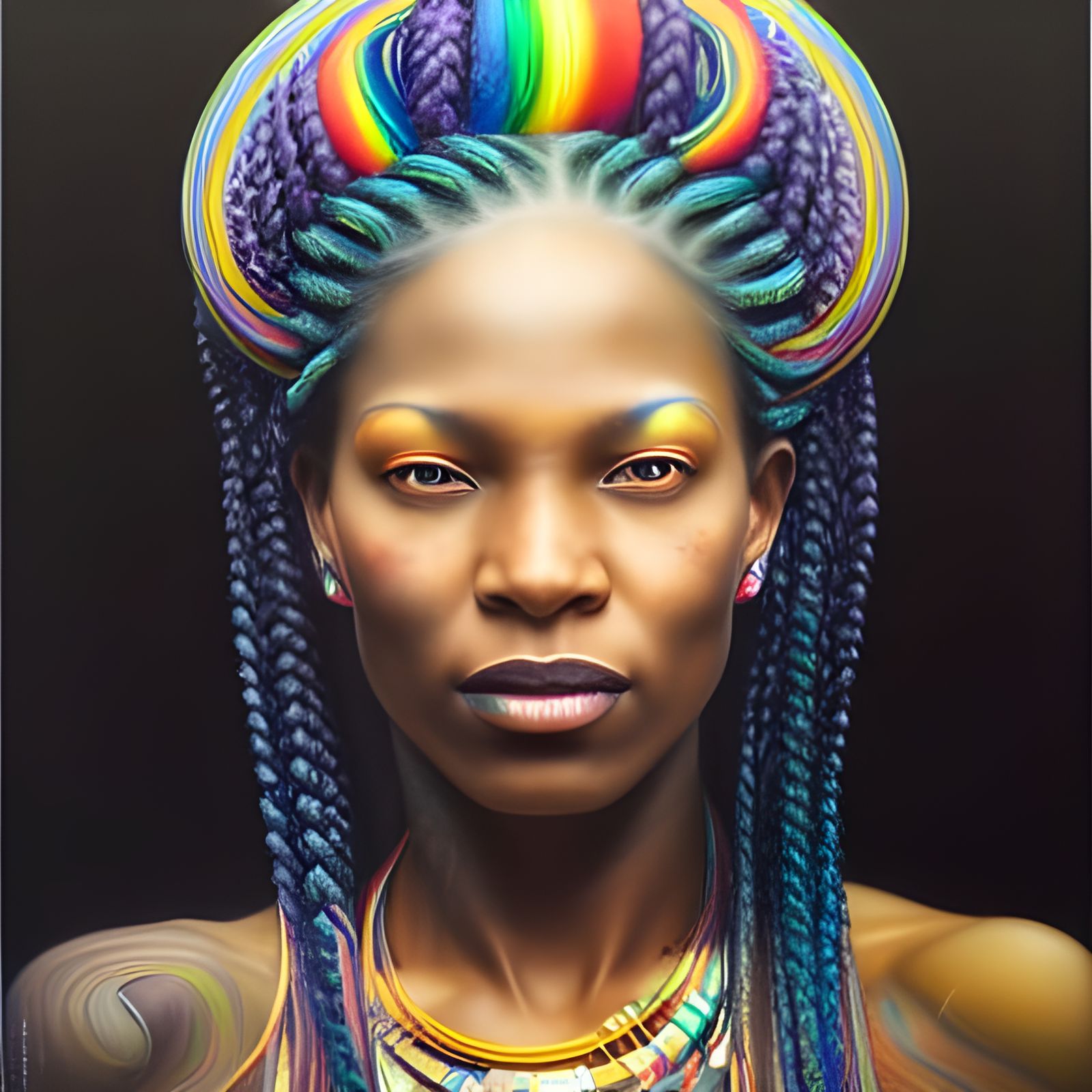 Radiant Woman with Rainbow Braids: Surreal Portrait