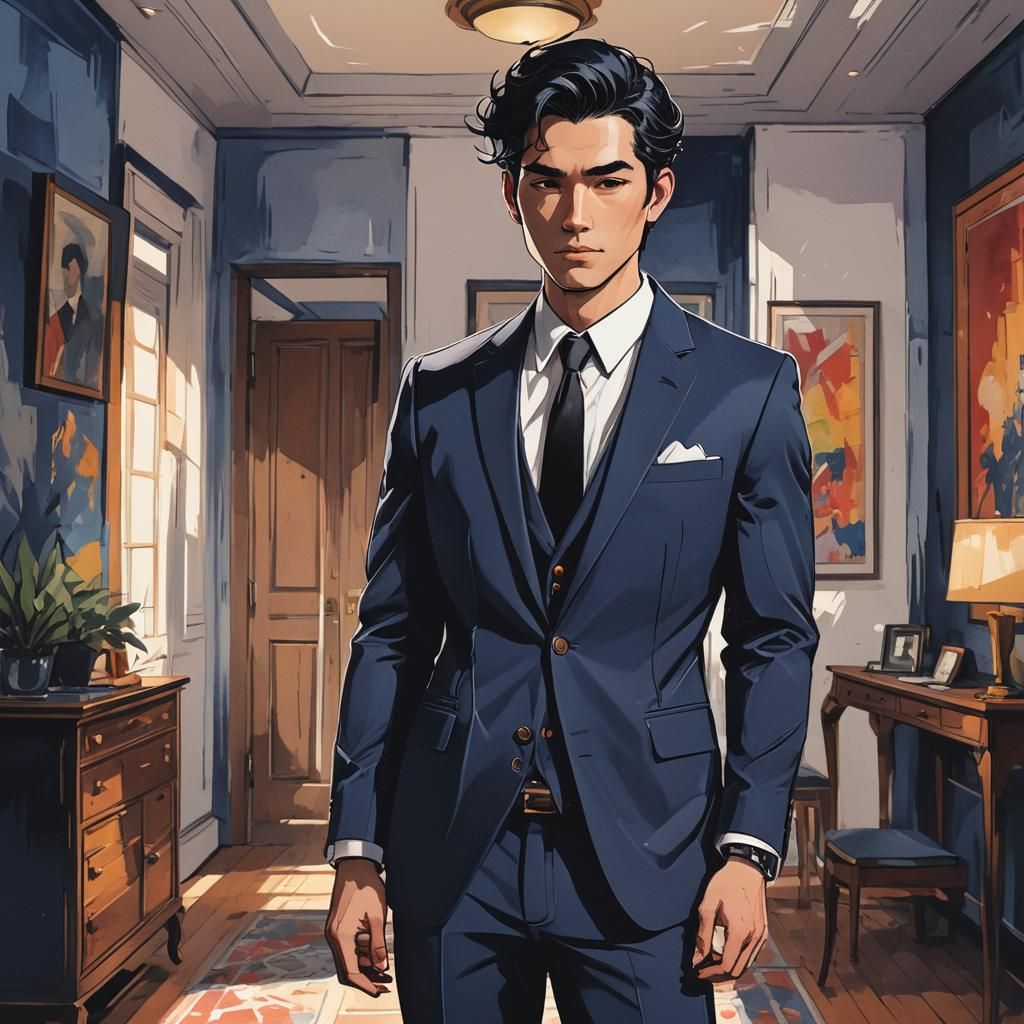 Confident Man in Suit: Digital Art in Manga Style