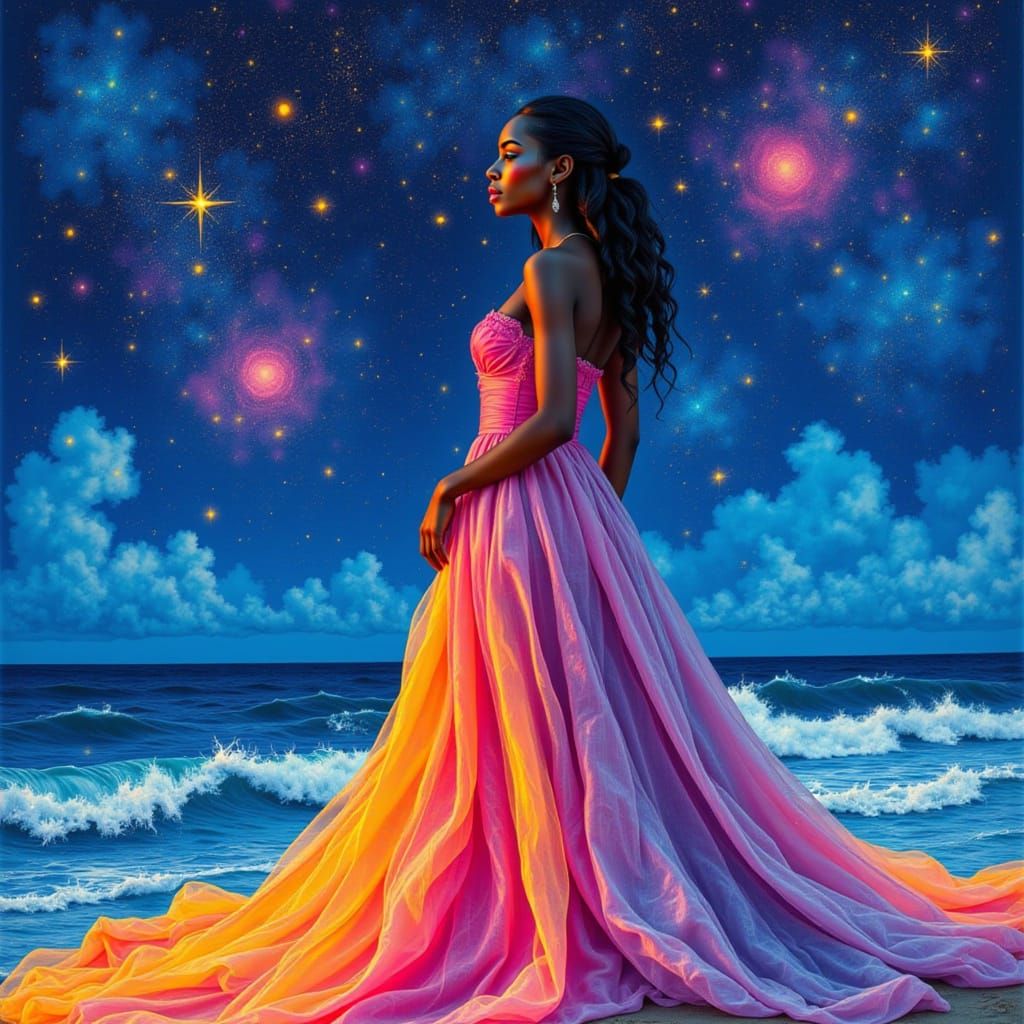 <lora:Etherian:1.0> Contemporary Black Woman in a stunning dress by the sea under starry sky. Mystical. Mixed media pain...