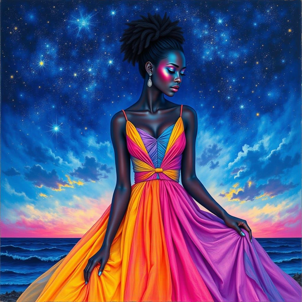 <lora:Etherian:1.0> Contemporary Black Woman in a stunning dress by the sea under starry sky. Mystical. Mixed media pain...