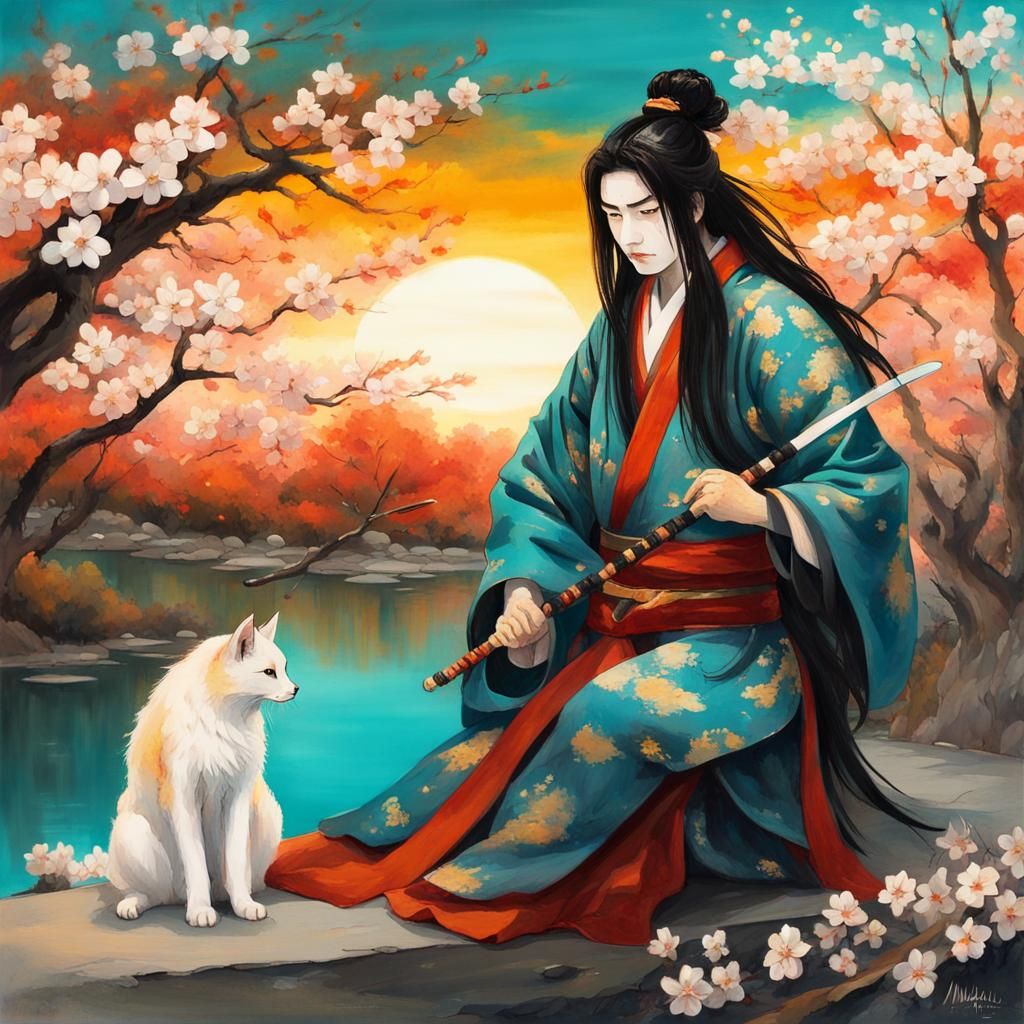 Samurai Portrait by Japanese Pond in Gouache Style