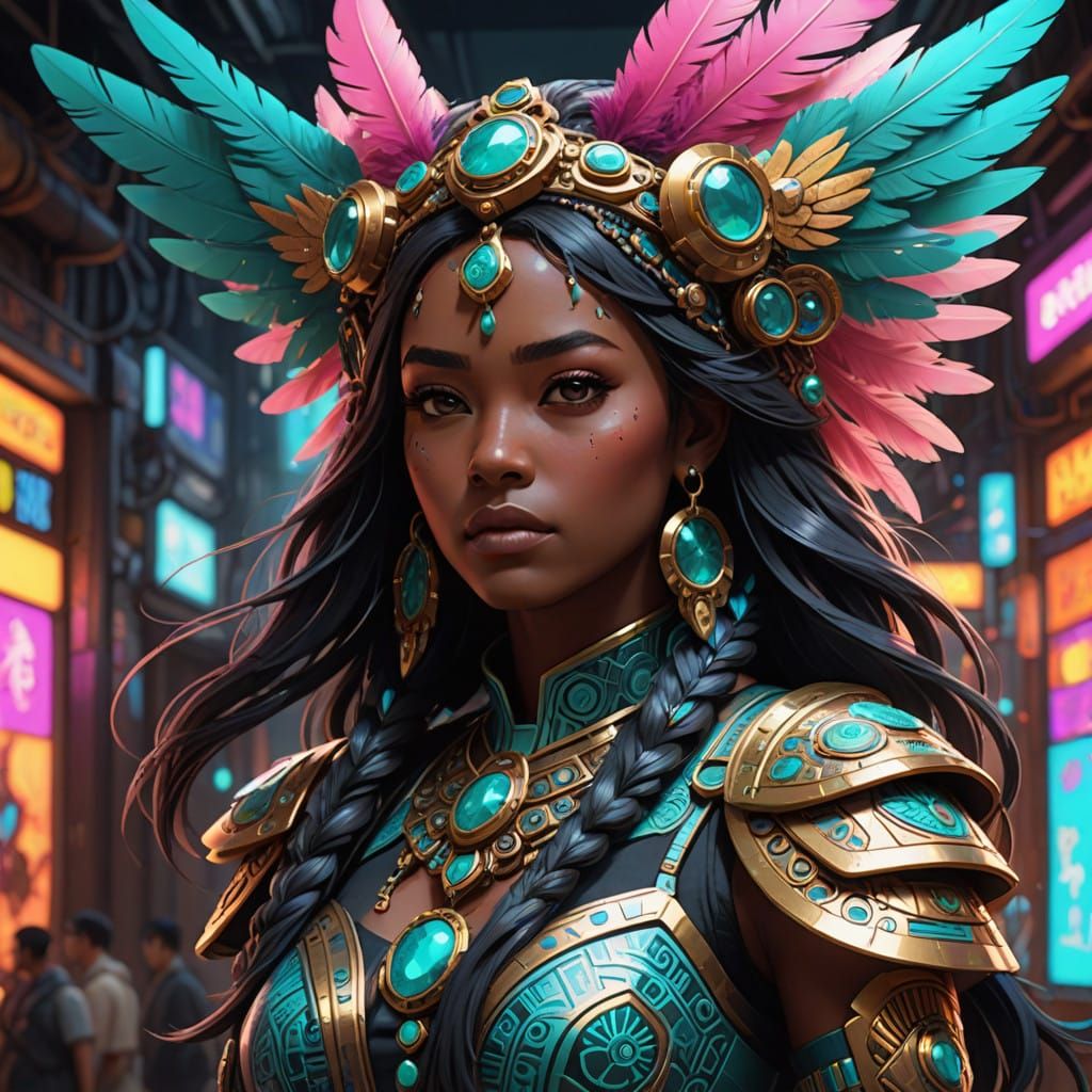 Regal Dark Skinned Woman in Futuristic Aztec-Inspired Unifor...