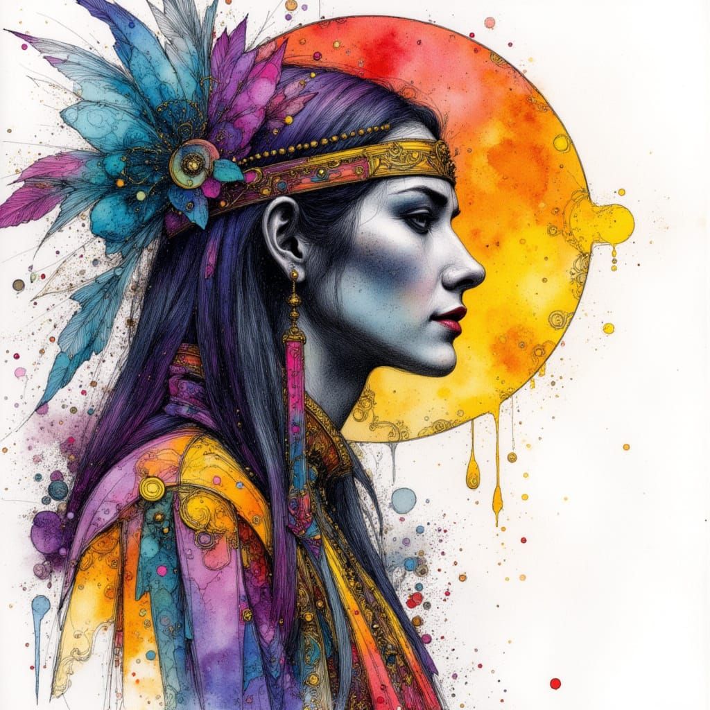 Mystic Native Holy Man Sketch in Vibrant Summer Colors