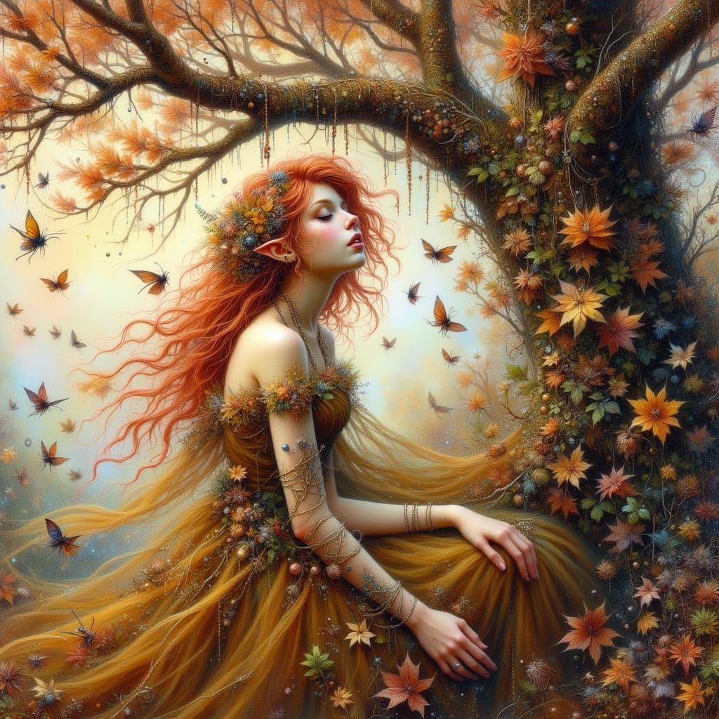 Woman in Autumn Gown Under Oak Tree