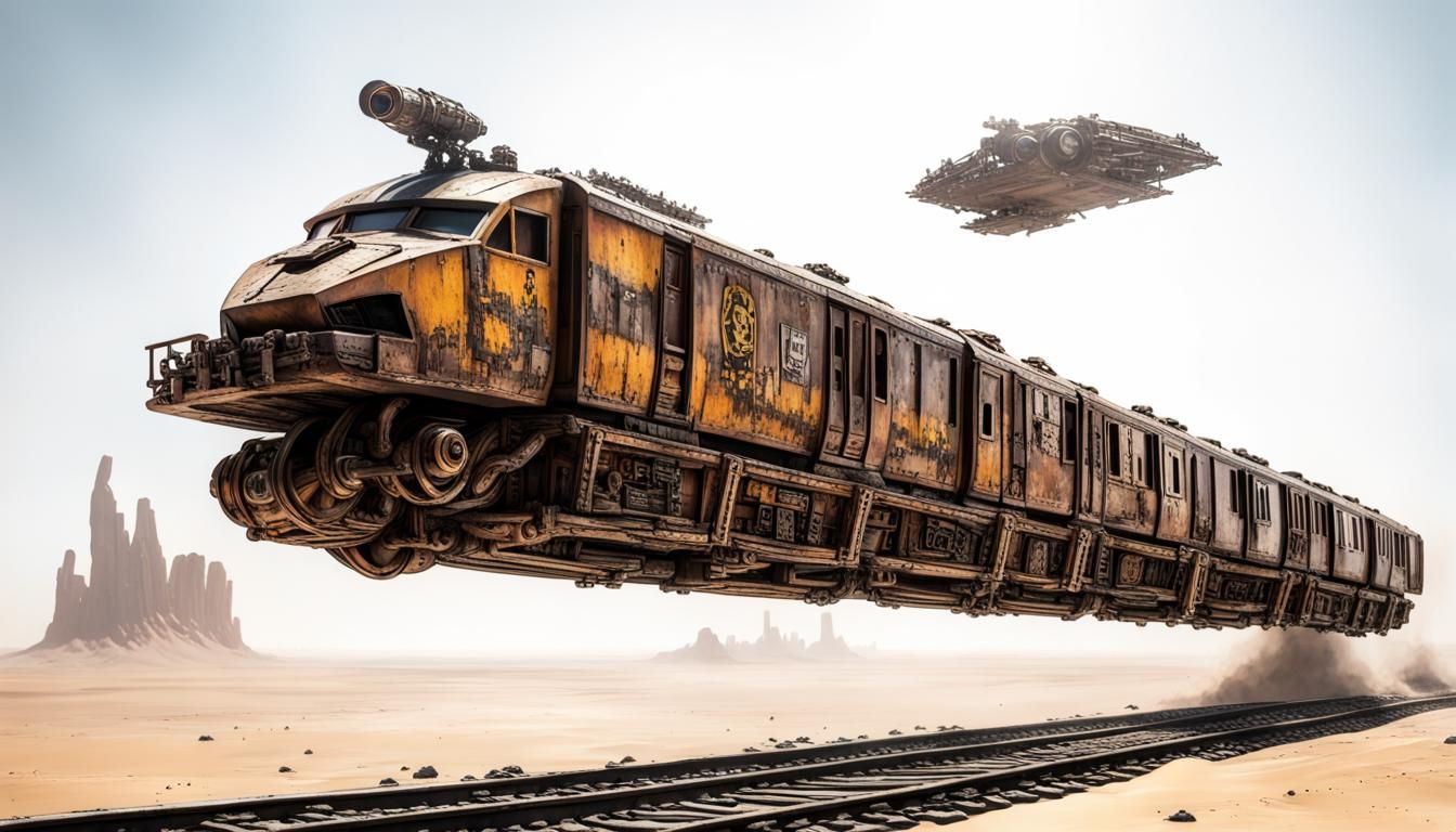 Brutalist Ork Anti-Gravity Train on Desert Planet