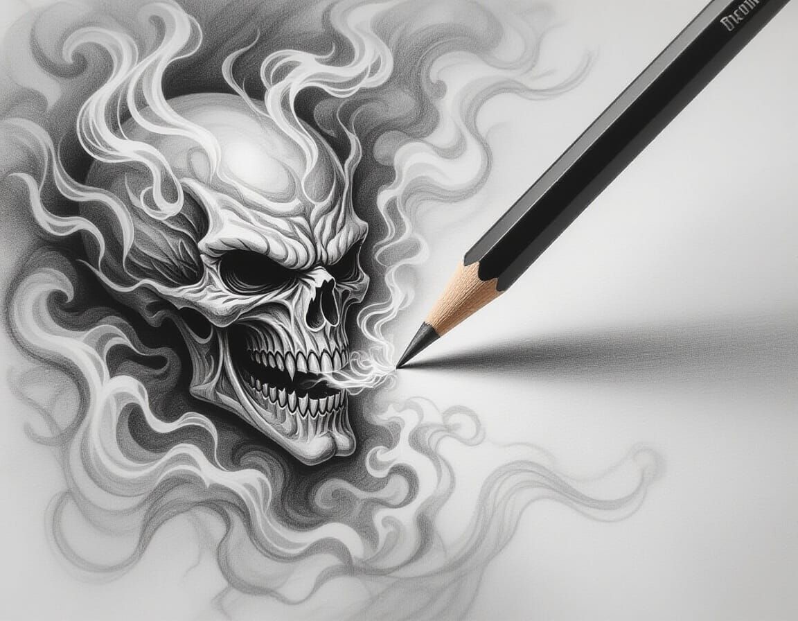 Pencil Sketch of Smoke Transformation on Parchment