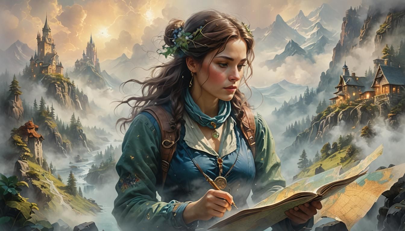 Ethereal Double Exposure: Female Explorer with Map