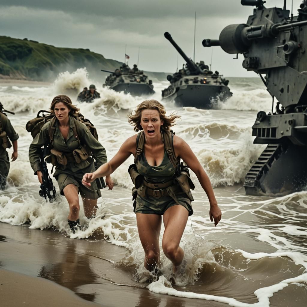 Omaha Beach Landing: Female Soldiers Escape Robots