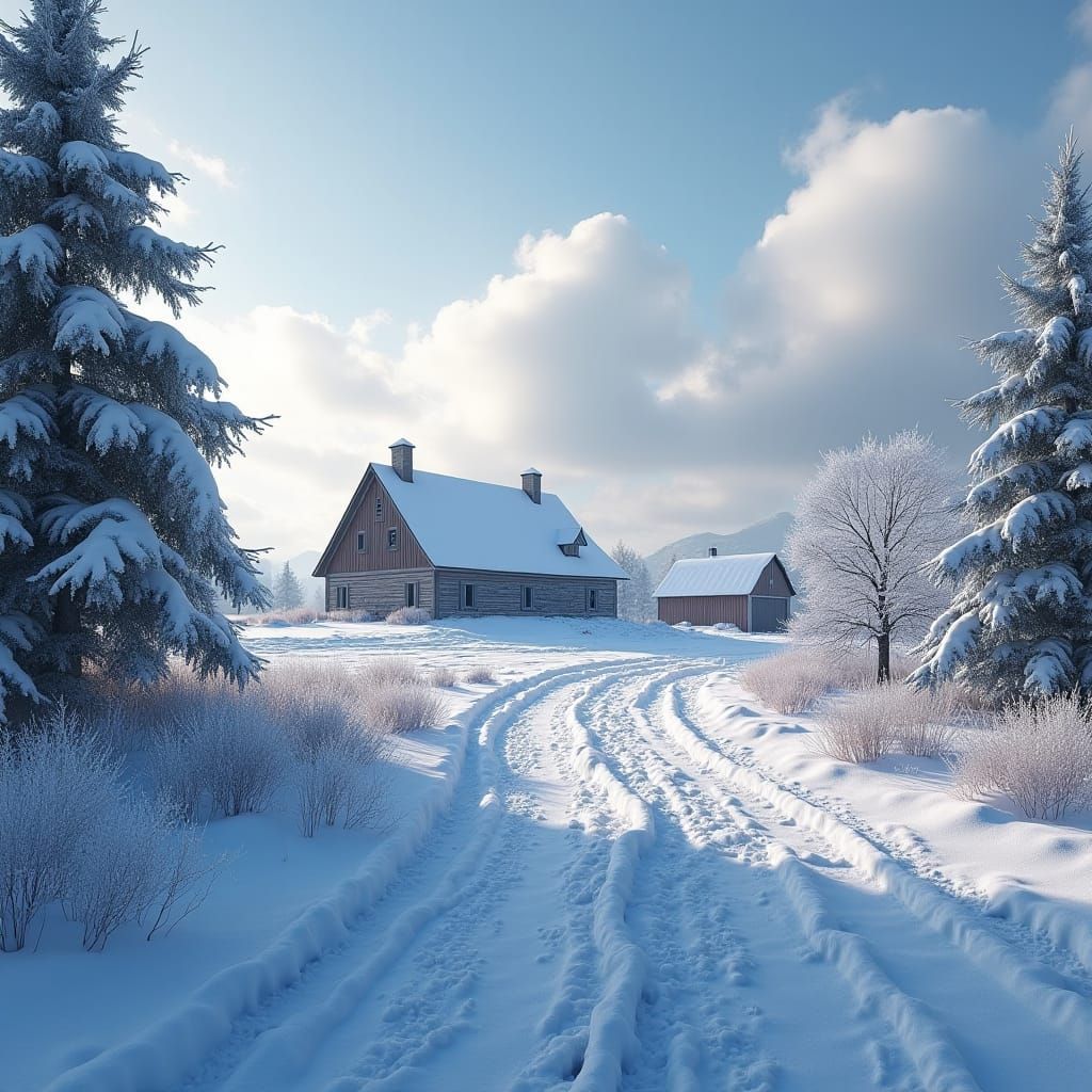 Snowy Countryside Landscape in Detailed Matte Painting