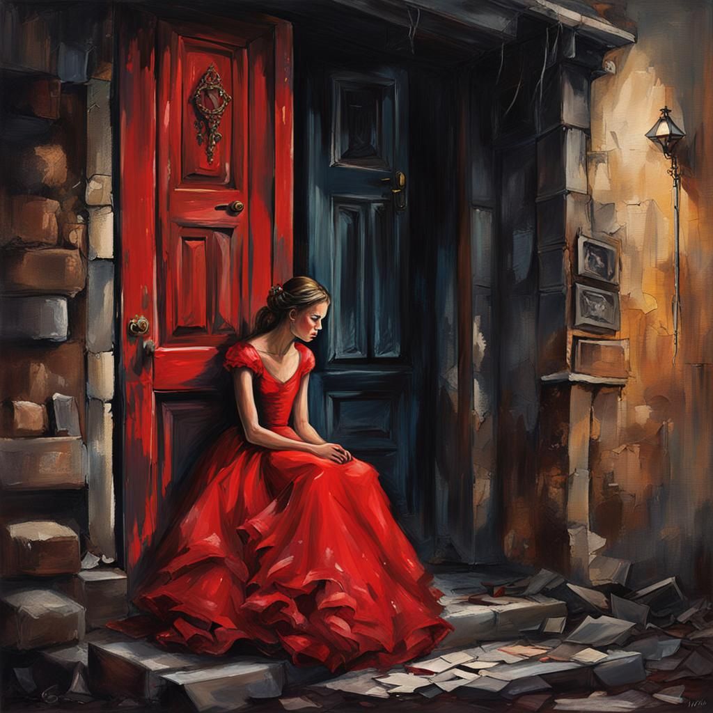 In a dark, barely lit dilapidated alley, a young woman in a ...