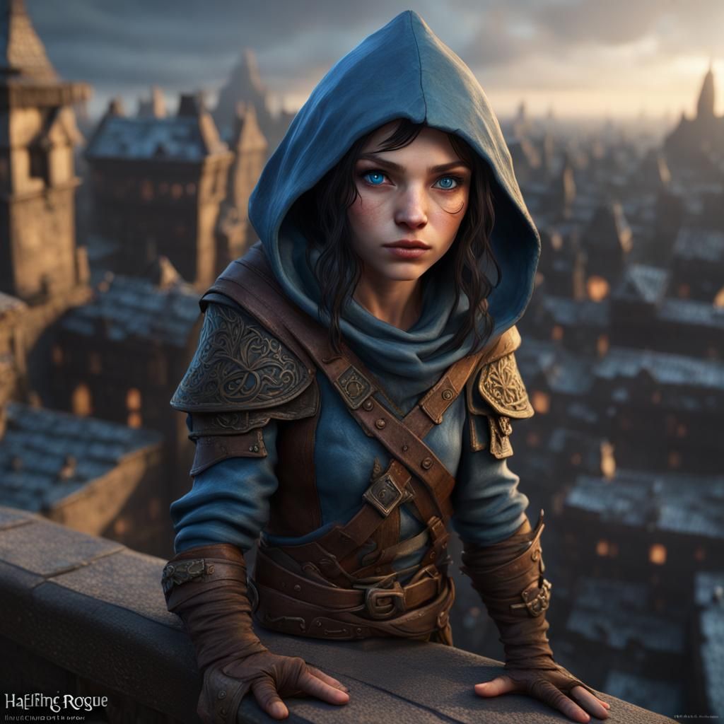 Halfling Rogue Assassin on Rooftop, Fantasy Art