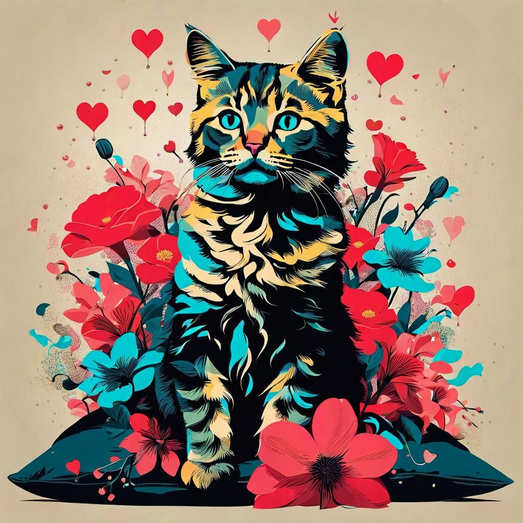 Cat with Flowers in Deconstructed Graphic Style