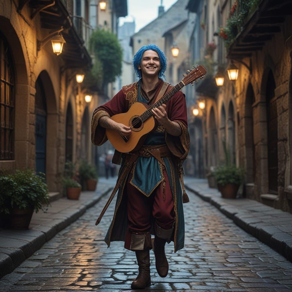 Fantasy Bard Performing in Medieval Street, Digital Art