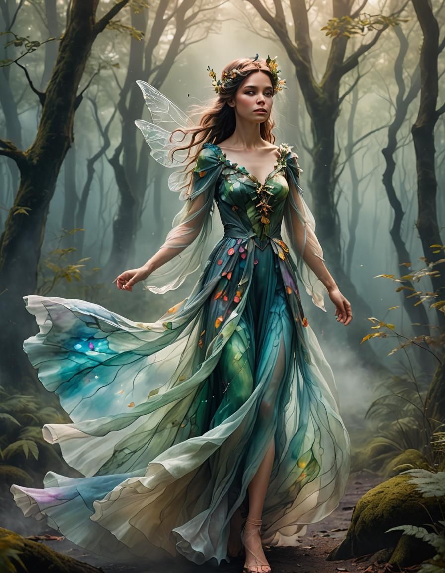 Ethereal Fairy in Misty Forest, Alcohol Ink Art