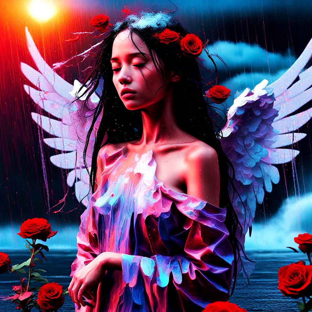 Angel in Rainstorm: Glitch Art with Digital Distortions