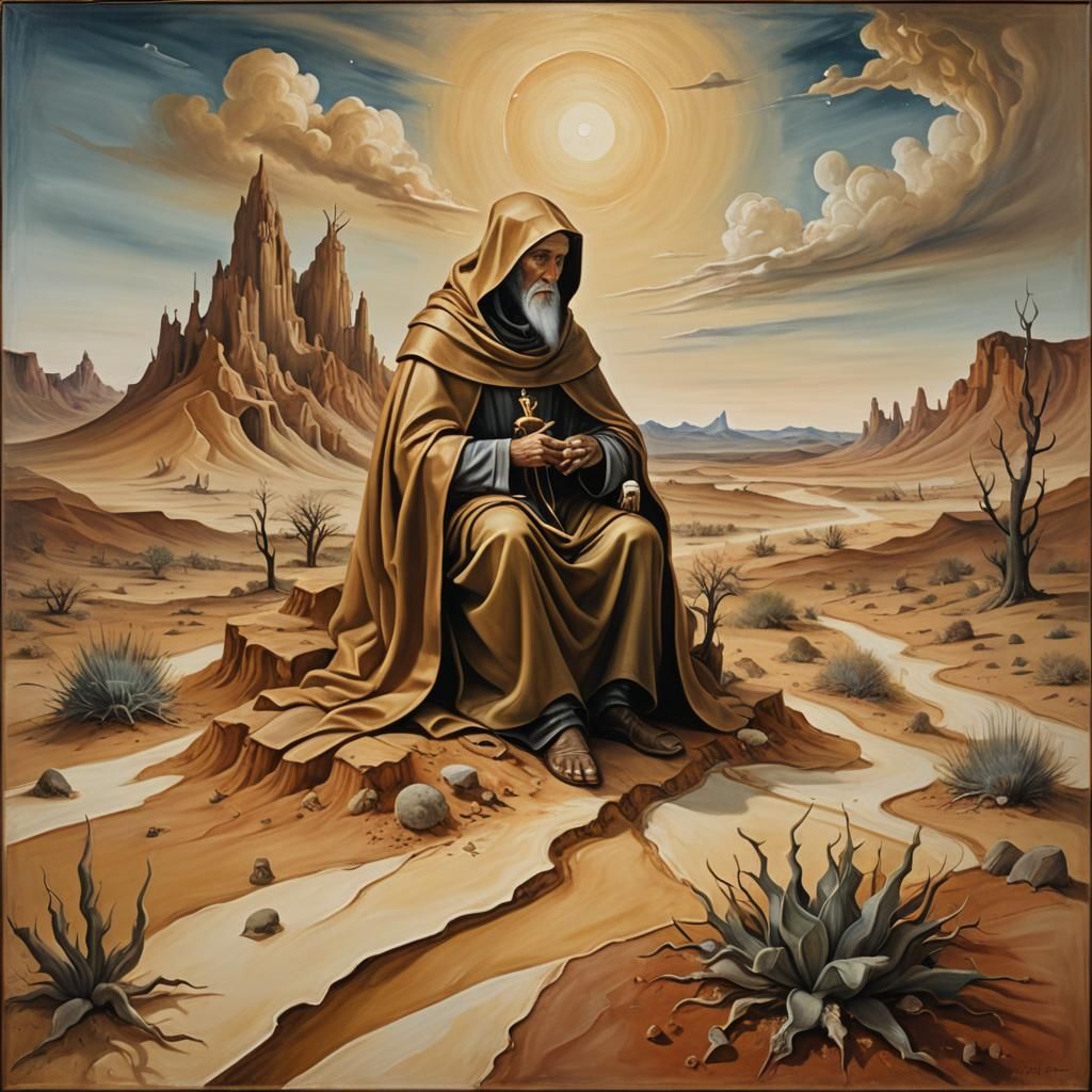 Saint Anthony in Surreal Desert Landscape as Oil Painting