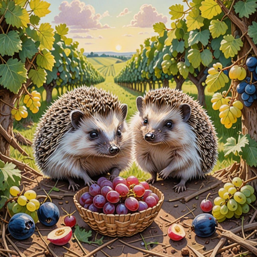 Hedgehogs' Picnic in Colored Pencil Style