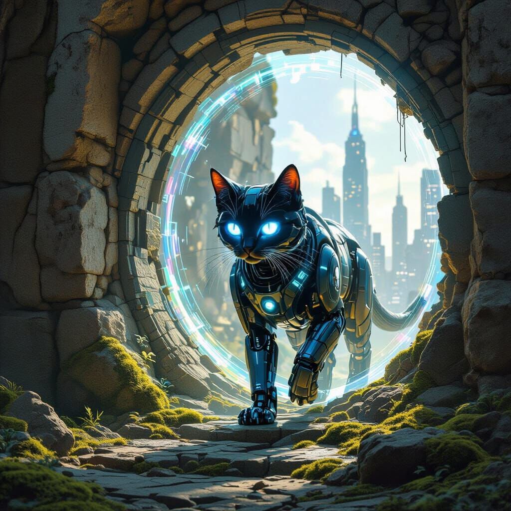 Robotic Cat Stepping Through Iridescent Portal