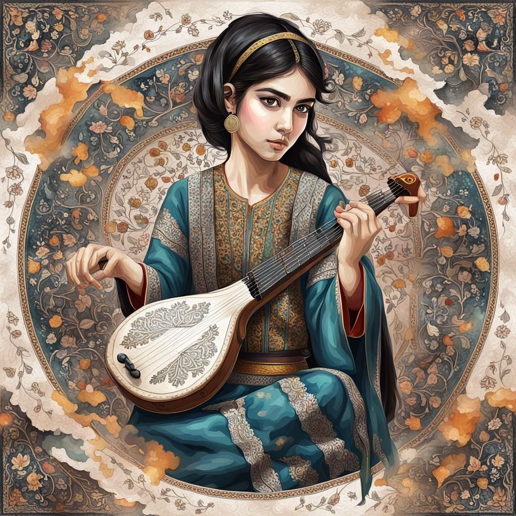 Young Persian Girl Playing Tar Instrument
