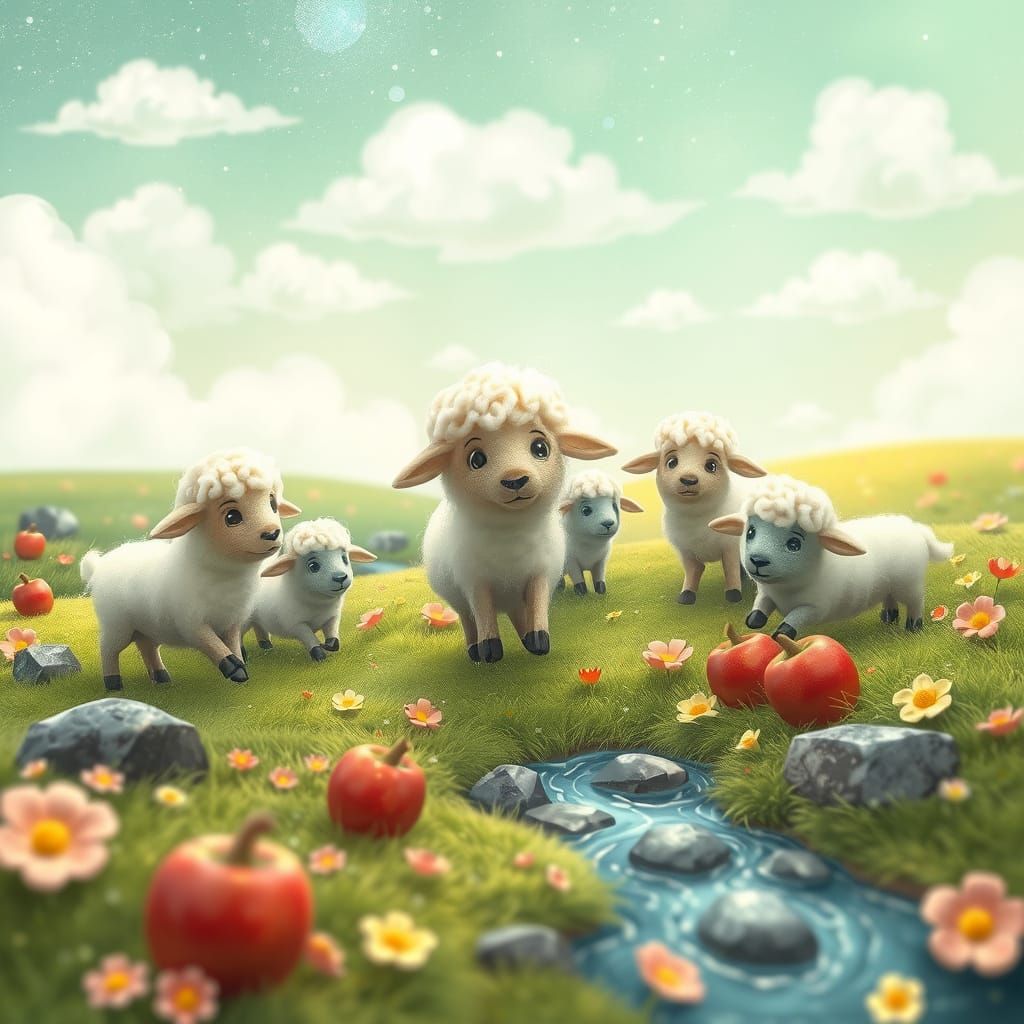 Whimsical Felted Sheep in Pastel Floral Pasture