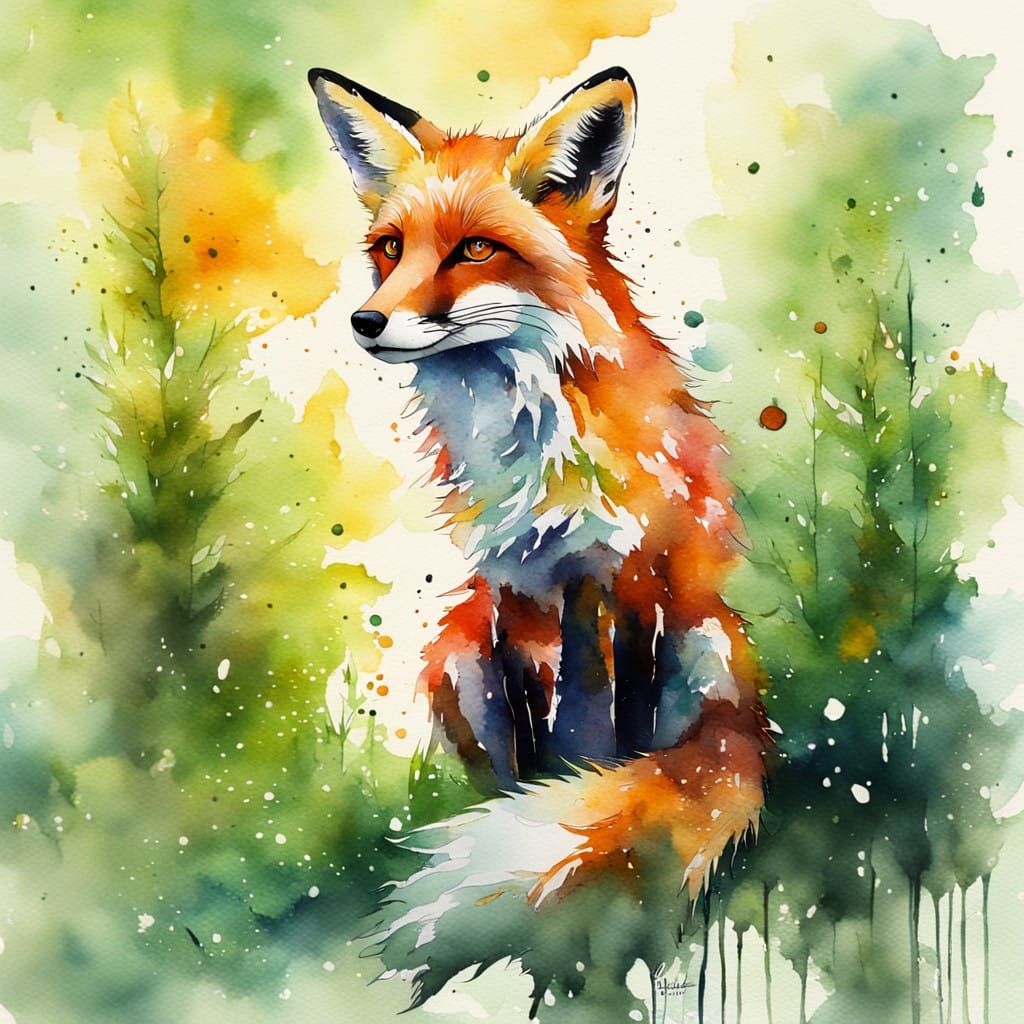 Surreal Watercolour Fox in Soft Amber Glow