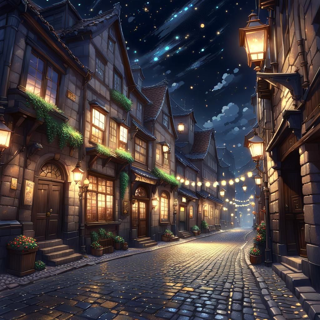 Night Stars Over Cobblestone Street in Anime Style