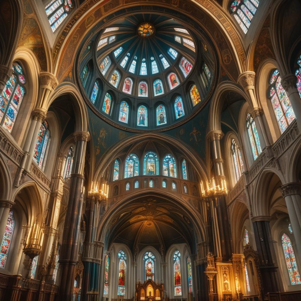 Gothic Church Interior with Stained Glass Dome