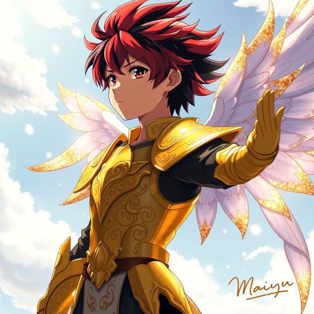 Heroic Teenage Warrior in Gold Armor with Majestic Wings