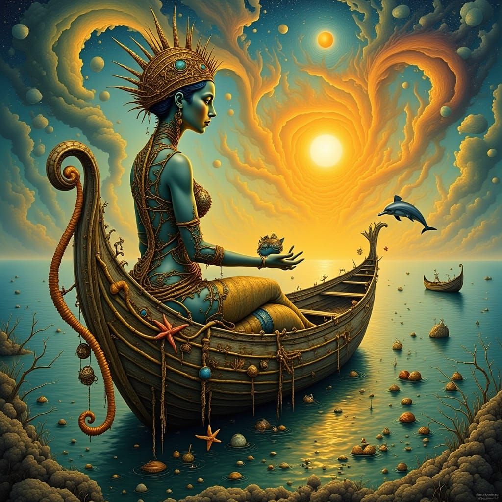 Surreal Sunset Seaside Scene with Magical Woman and Cat