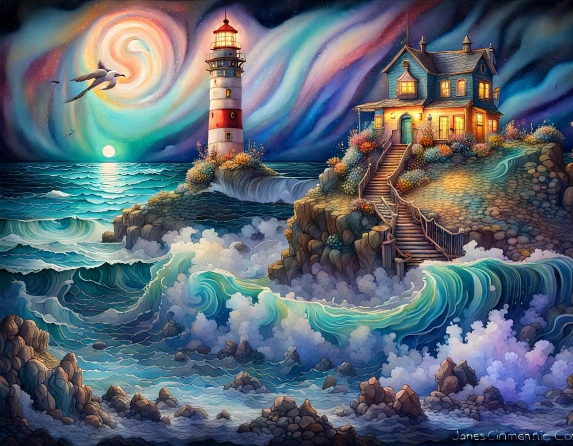 Fantasycore Lighthouse Seascape in Watercolor Style