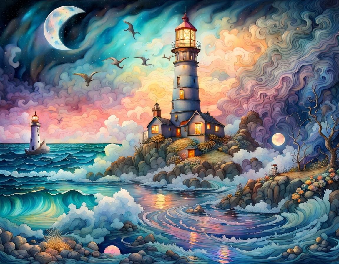 Fantasycore Lighthouse Seascape in Watercolor Style