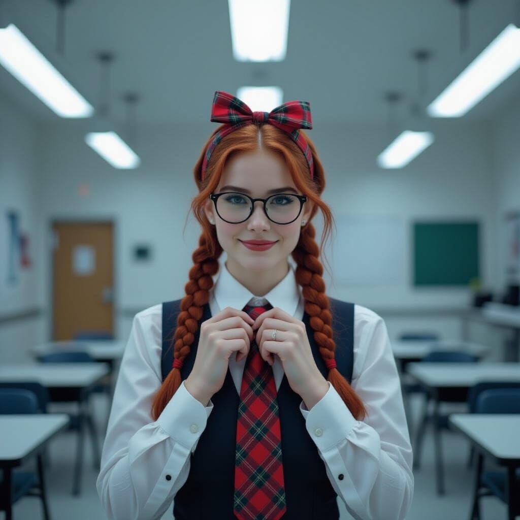 Portrait of Lena Adjusting Her Tartan Tie in Minimalist Clas...