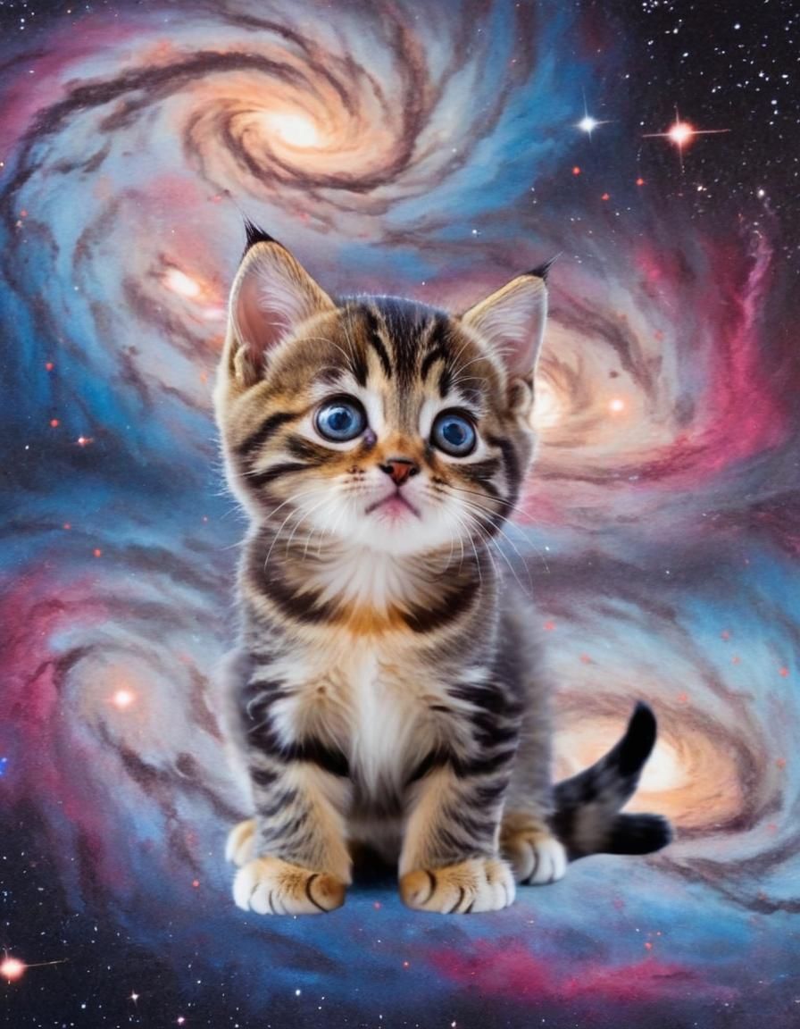Tabby Kitten in Galaxy: A Gouache Painting