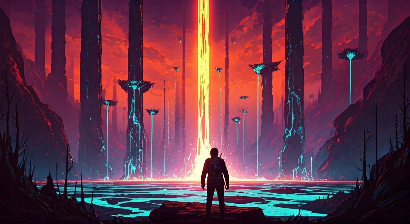 Explorer Gazing at Chaotic Alien Landscape