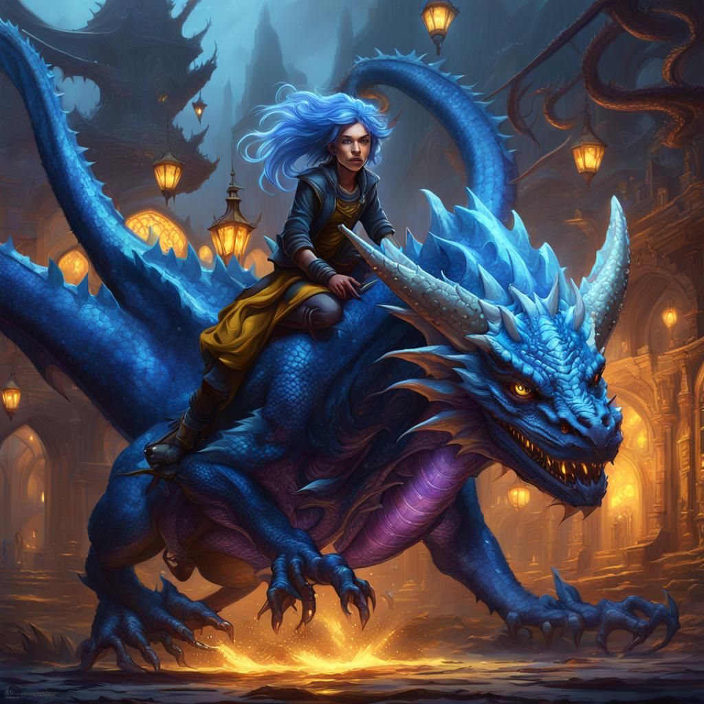 Blue-Haired Girl on Dragon in Dark Fantasy Style