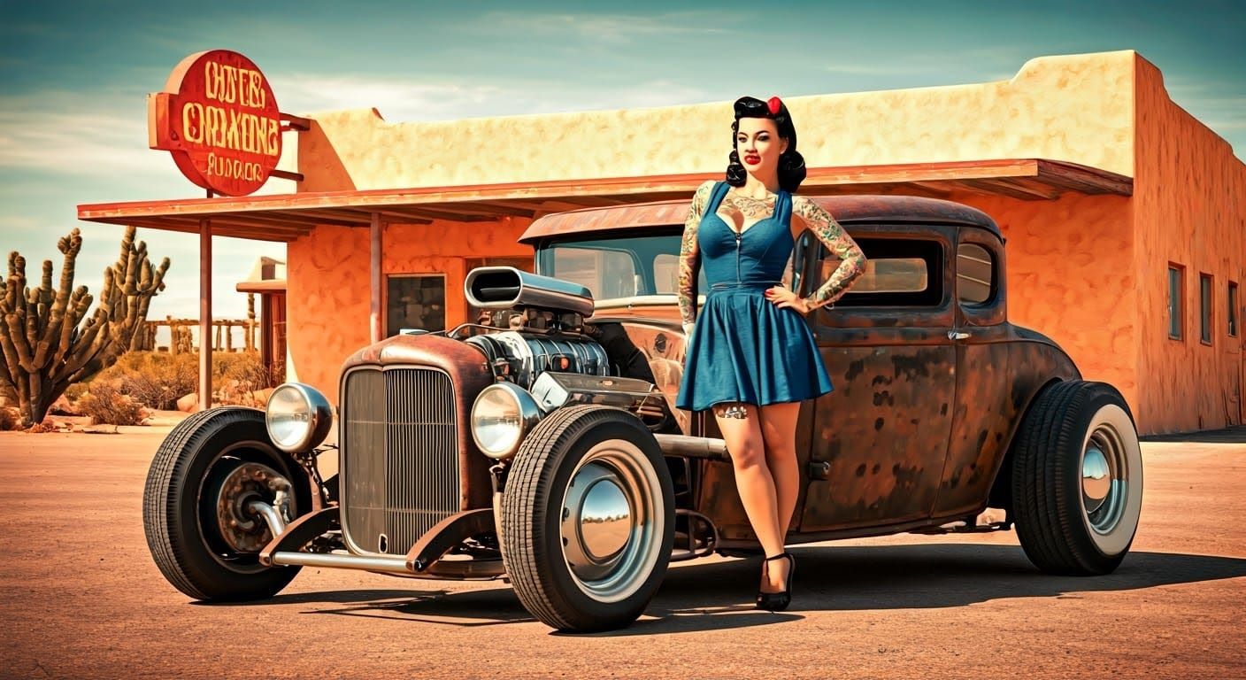 Pin-Up Girl Leans Against Vintage Rat Rod in Desert Diner