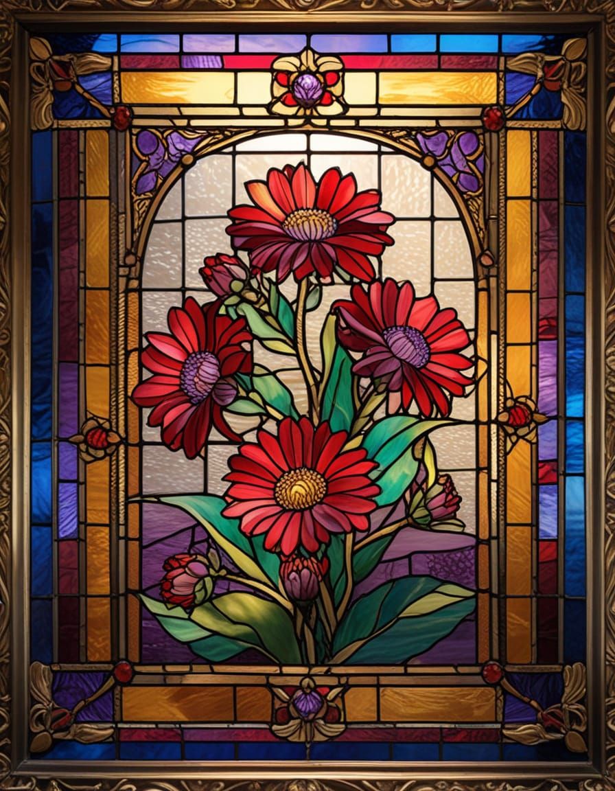 Red Aster Stained Glass Art in Ornate Gold Frame