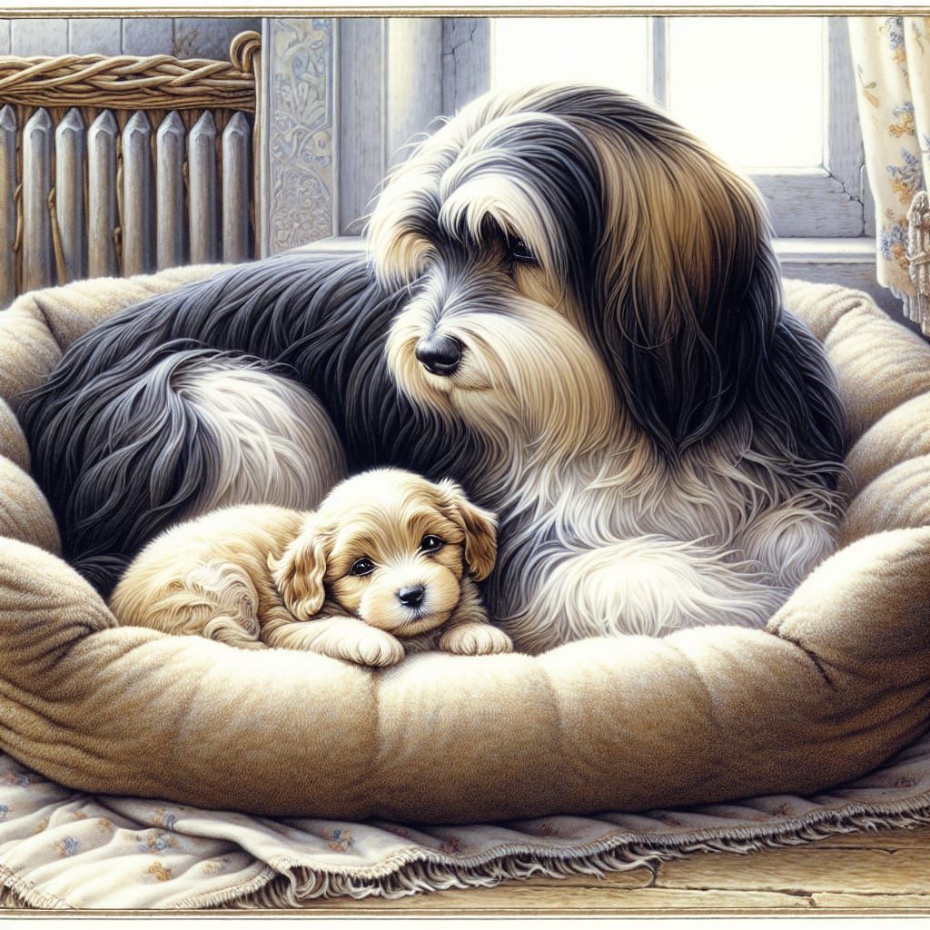 Surreal Canine Bond in Whimsical Art Nouveau Style