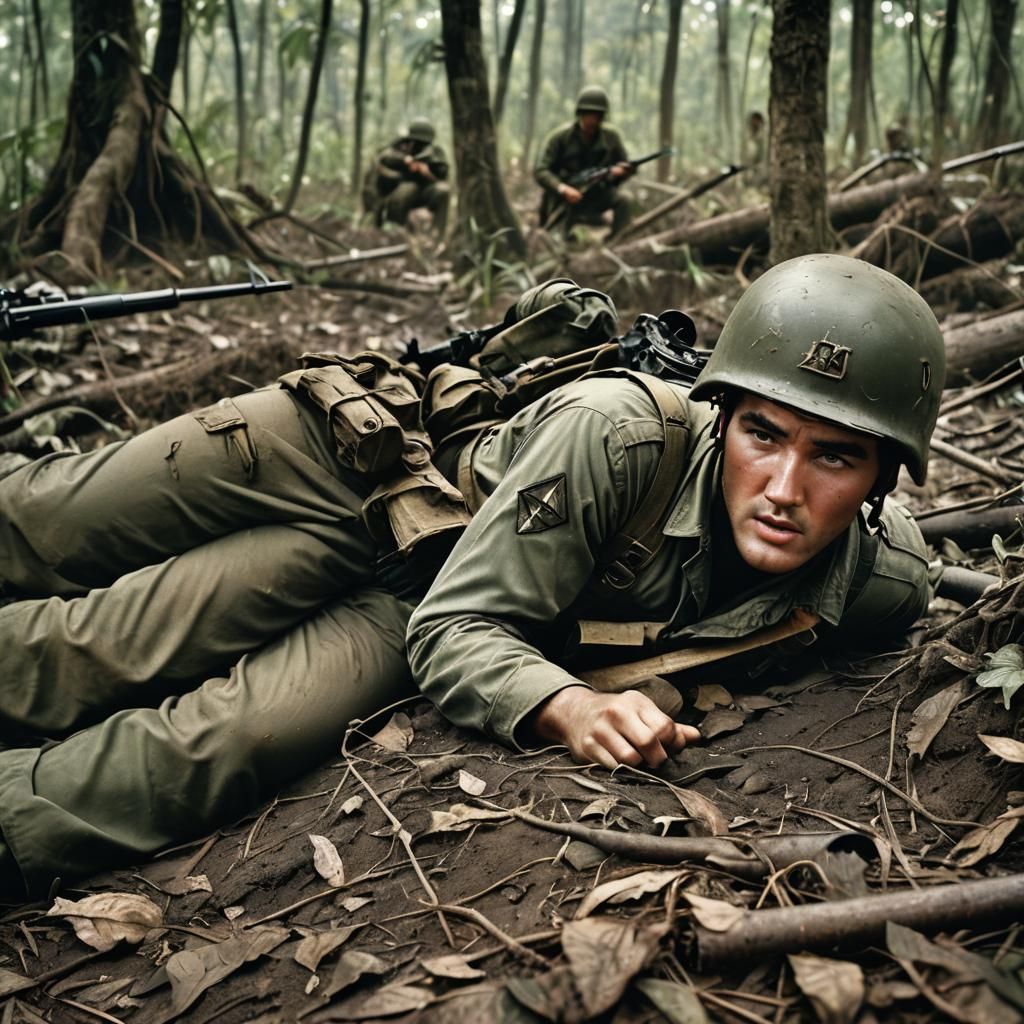 Elvis Presley as Worried Soldier in Vietnam Jungle