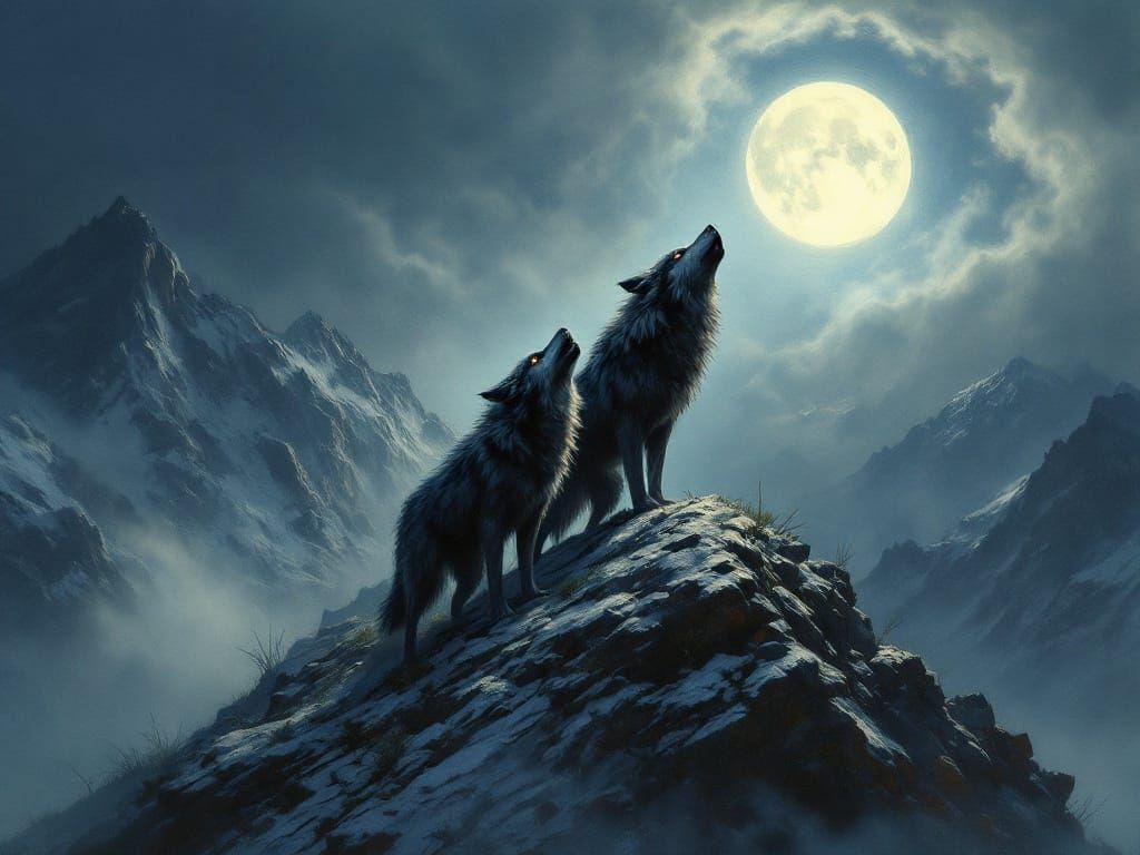 Moonlit Wolves Howl in the Mountains