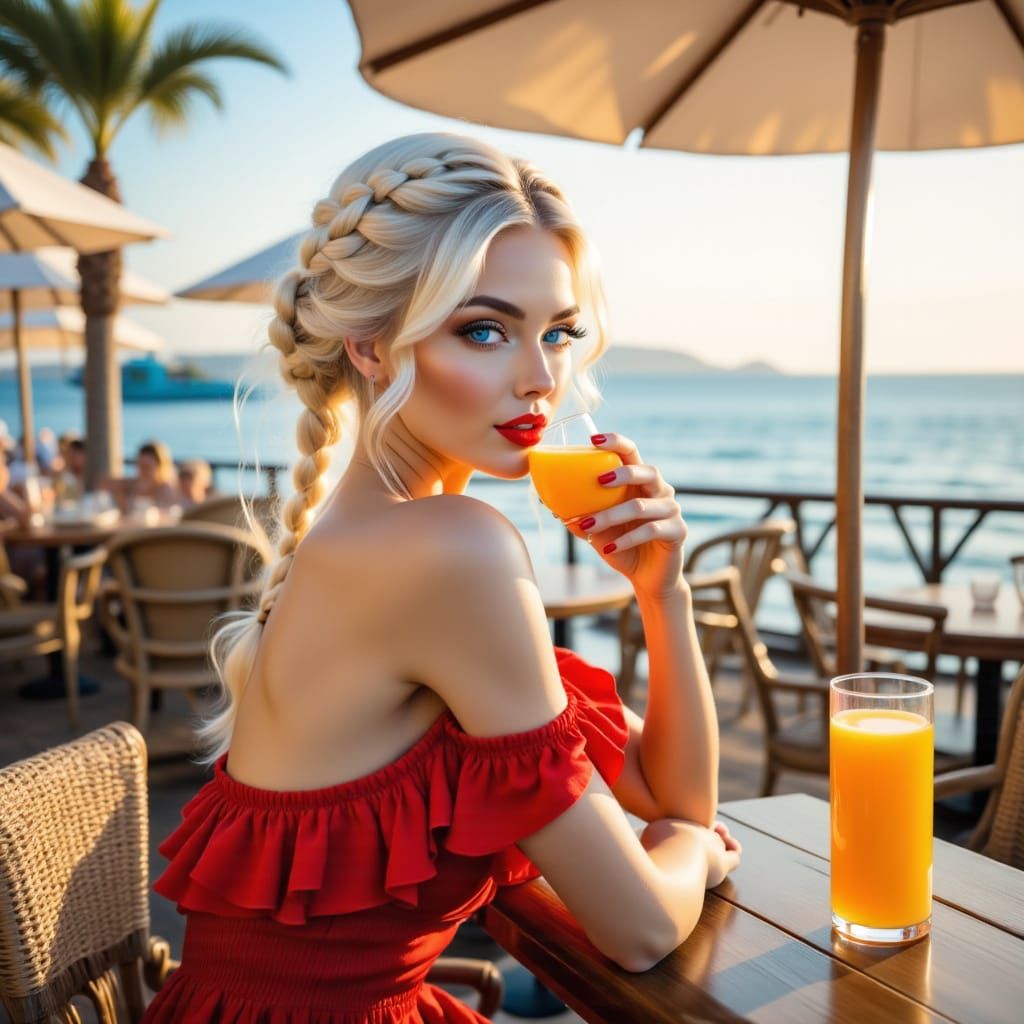 Woman on Terrace Overlooking Sea in Golden Hour Light