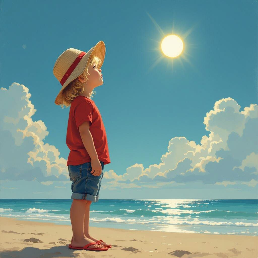 Child Gazing Skyward on Beach, Photorealistic Digital Art