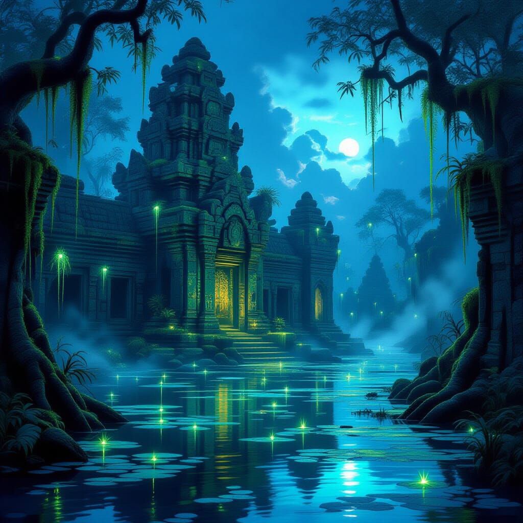 Bioluminescent Swamp Temple in Ethereal Twilight