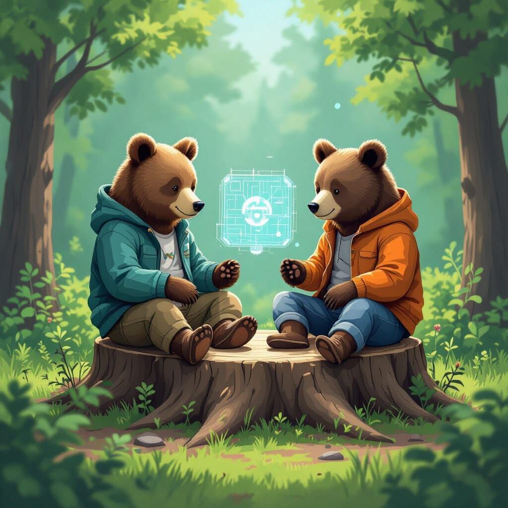 Bears Learn AI in Forest, Whimsical Art Style